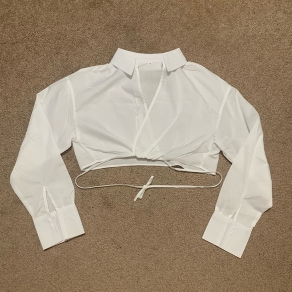 White Long Sleeve Cropped Shirt‎ Waist Tie Small - Picture 3 of 10